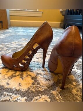 Women’s Brown Leather High Heel Pumps with Decorative Buckle Detail